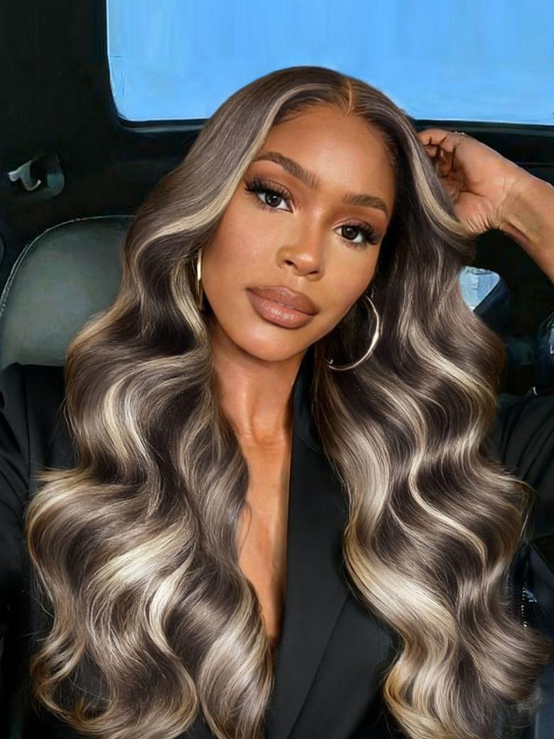 UNice 13x4 Pre-Everything™ Lace Frontal Ash Brown Blonde Highlights Loose Wave Drawstring Wig with Face Framing Layers