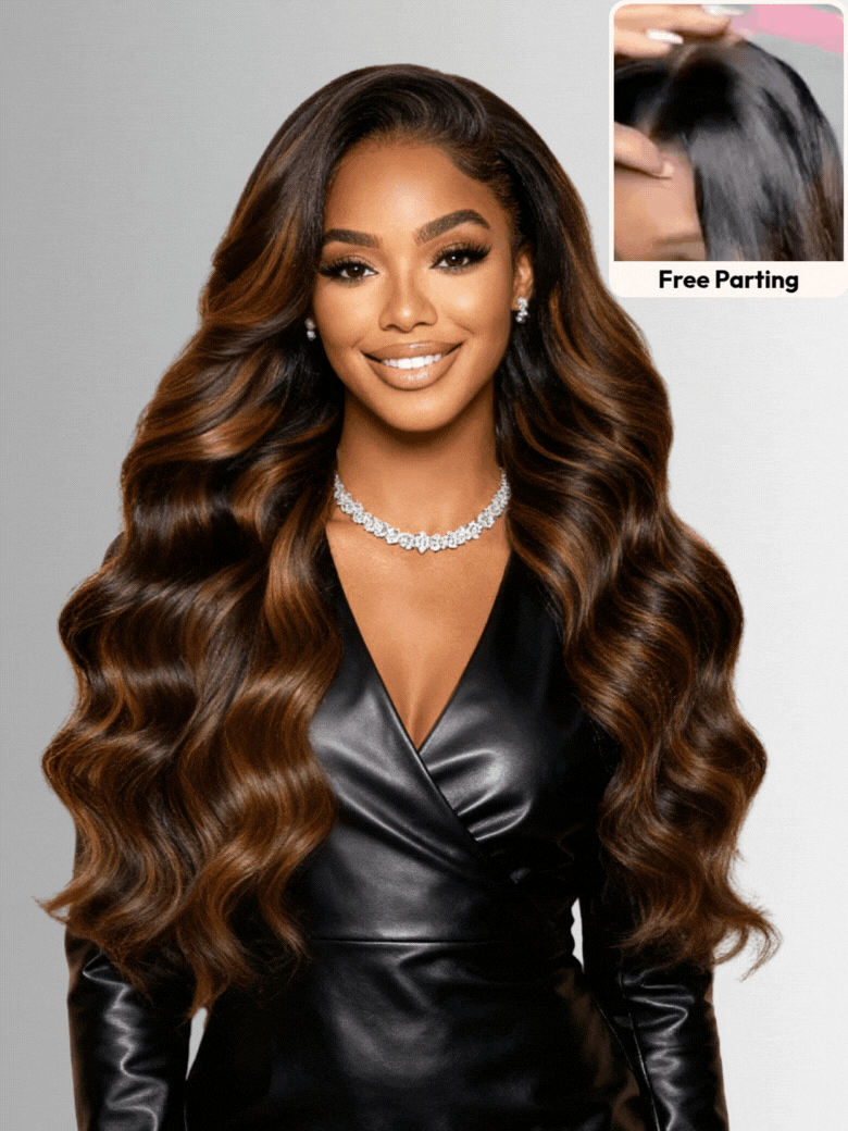 UNice 7x5 Bye Bye Slip™ Wig Glueless Lace Balayage Highlight Body Wave Drawstring Curtain Bangs Wig