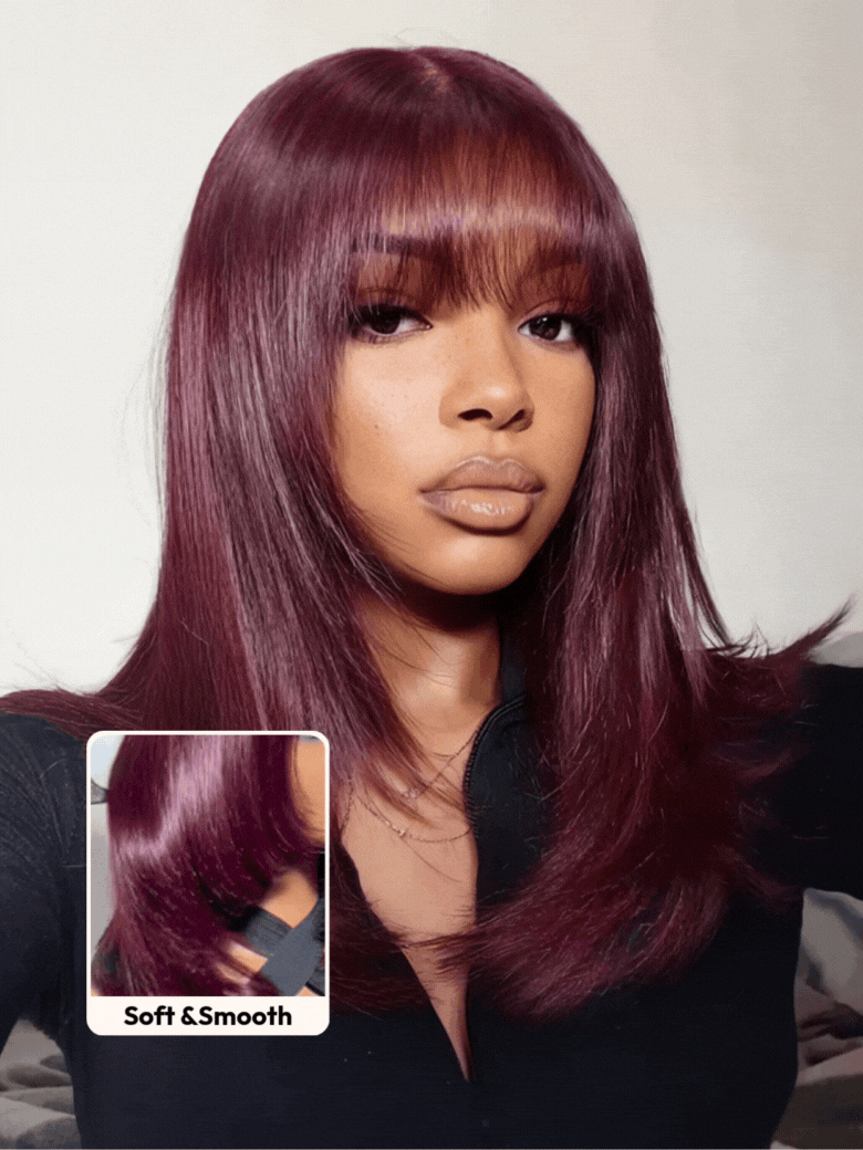 UNice Black Cherry Bye-Bye Knots™ 7x5 Lace Glueless Bob Drawstring Wig with Curtain Bangs