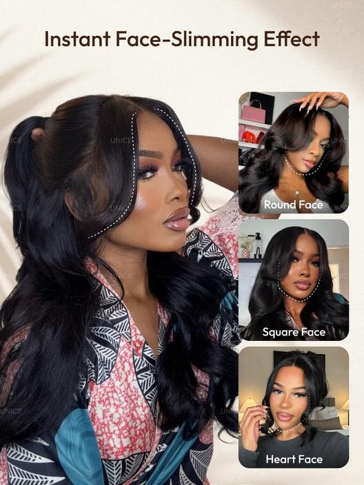 A model displays the UNice 13x4 HD Real Scalp Wig Pull And Go Drawstring Loose Wave with Face Framing, showing a model with long hair and a pink shirt and loose wave.