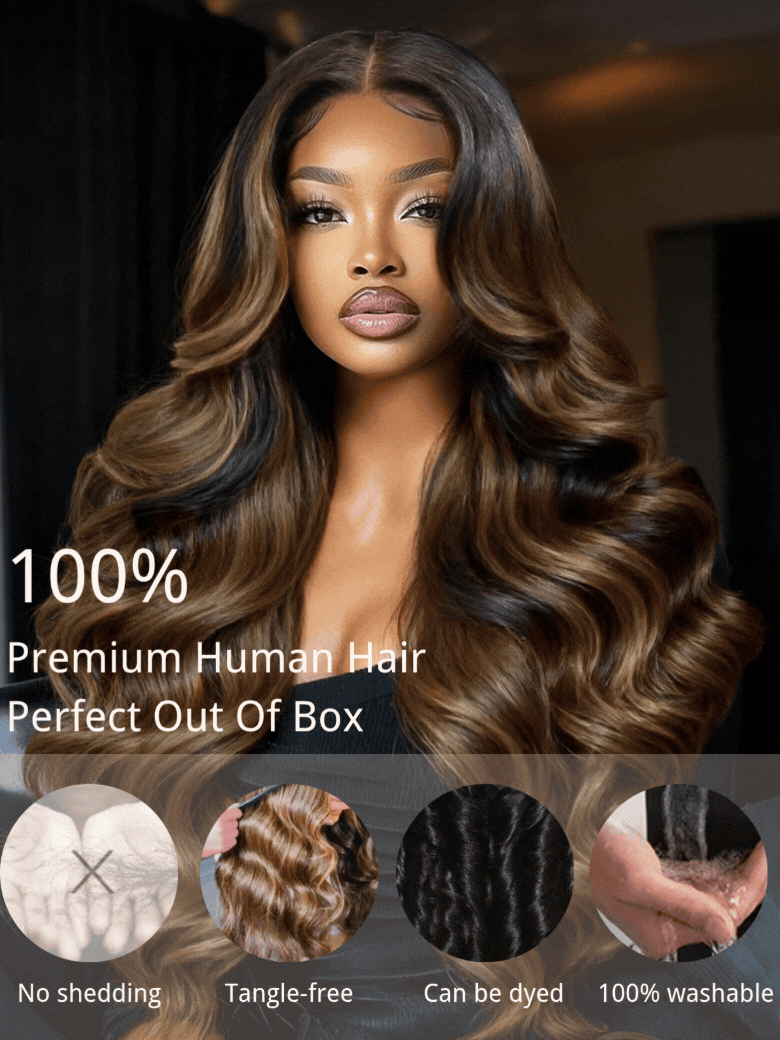 UNice 7x5 Bye Bye Knots™ Wig Glueless Lace Balayage Highlight Body Wave Drawstring Curtain Bangs Wig