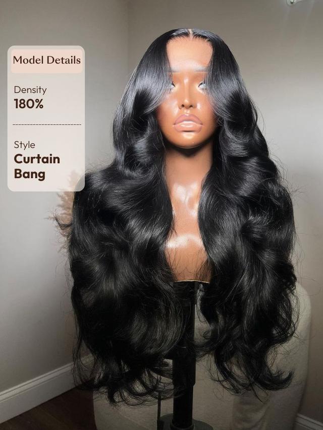 UNice HD Real Scalp™ Wig 13x4 Invisible Lace Frontal Body Wave Black Wig & Wig With Face Framing Curtain Bangs With Invisi Drawstring