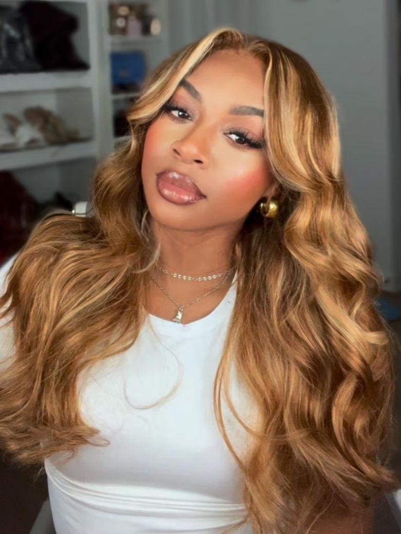 7x5 Bye-Bye Knots Wig Glueless Lace Honey Blonde Body Wave Drawstring Wig With Bleached Knots