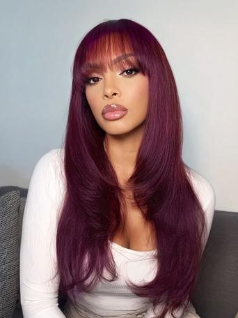 UNice Black Cherry Bye-Bye Knots™ 7x5 Lace Face Framing Layer Cut Straight Wig with Wispy Bangs Drawstring Wig