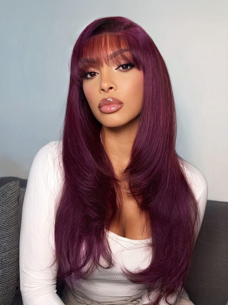 UNice Black Cherry Bye-Bye Knots™ 7x5 Lace Face Framing Layer Cut Straight Wig with Wispy Bangs Drawstring Wig
