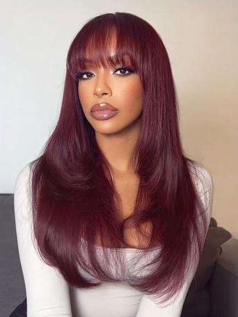 UNice Black Cherry 100% Human Hair Bye-Bye Knots™ 7x5 Lace Face Framing Layer Cut Straight Wig with Wispy Bangs Drawstring Wig