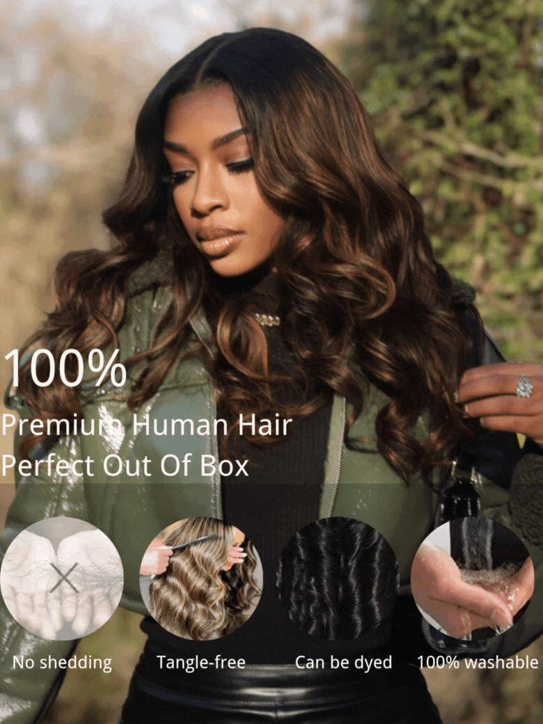 UNice 7x5 Bye Bye Knots™ Wig Glueless Lace Balayage Highlight Body Wave Drawstring Curtain Bangs Wig