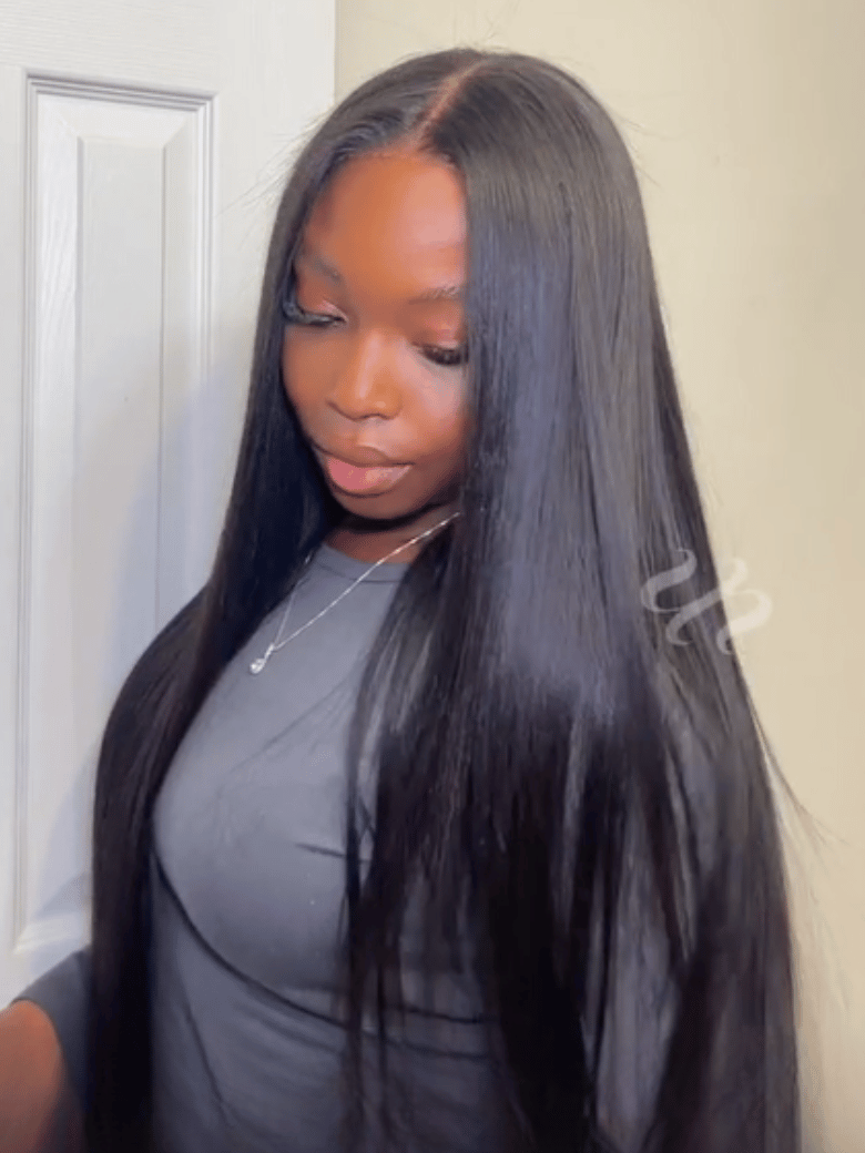7x5 Bye Bye Slip™ Glueless Lace Black Yaki Straight 180% Density With Invisible Drawstring & U Part Kinky Straight 20 Inch Wig