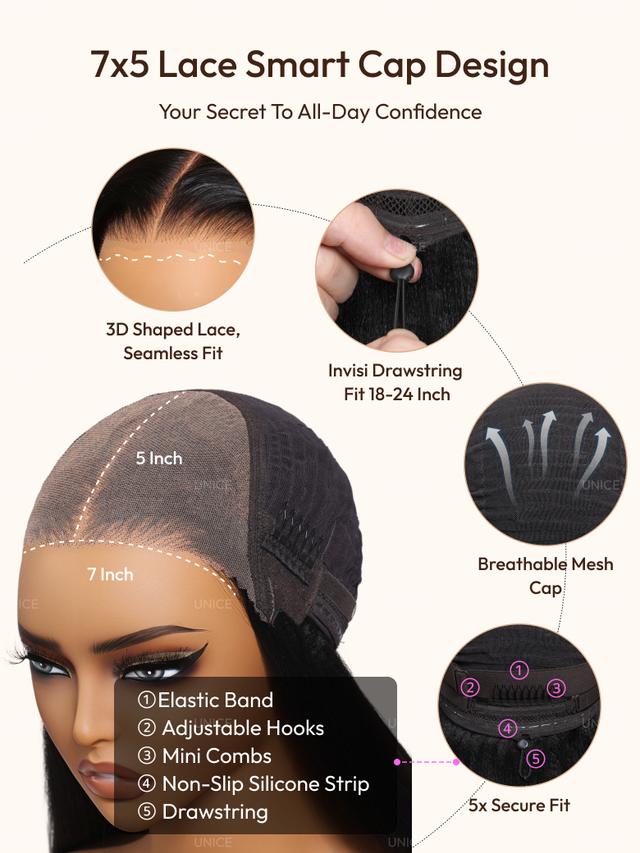 UNice 7x5 Bye-Bye Knots™ & 13x4 Pre-Everything™ Lace Frontal Pull And Go Black Fluffy Natural Loose Wave Curtain Bangs Wig with Free Ear Tape