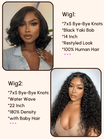 $249=2 Wigs | 22" 7x5 Bye-Bye Knots and14" Black Yaki Bob Wig
