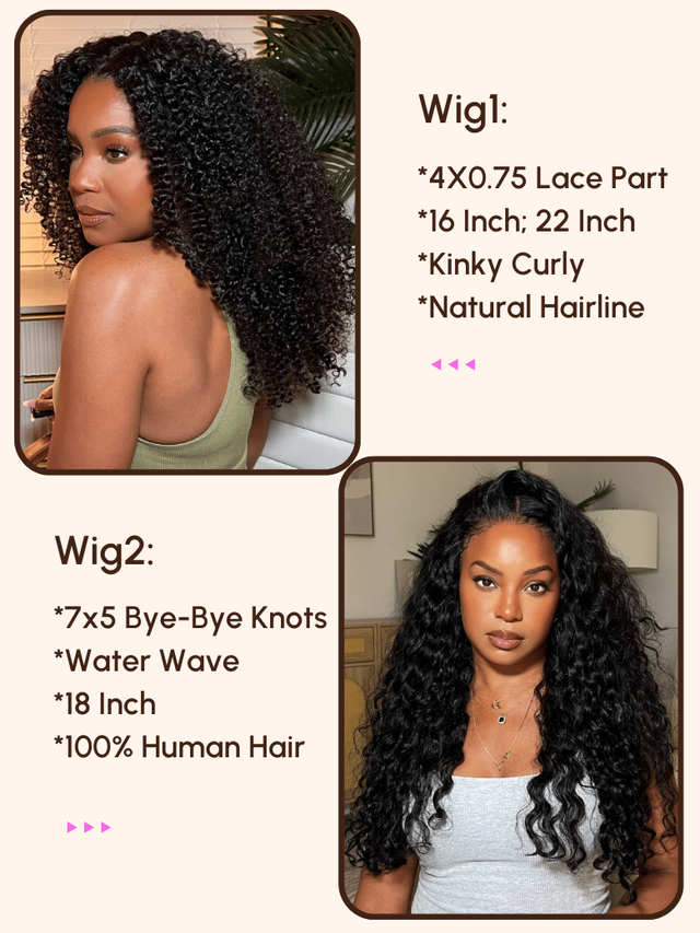 $99=2 Wigs | 16" Lace Part Kinky Curly Wig and 10" Bob Wig with Bang