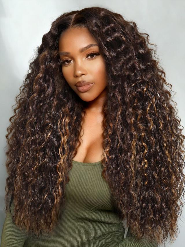 UNice Bye-Bye Knots™ 7x5 Lace Black with Caramel Piano Highlights Water Wave Wig With Invisi Drawstring 150% Density