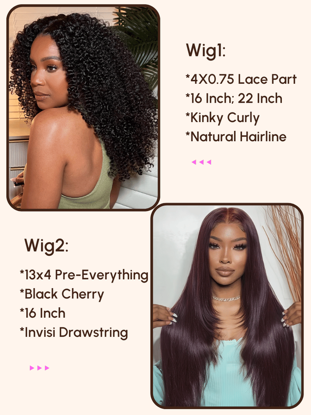 $99=2 Wigs | 16" Lace Part Kinky Curly Wig and 10" Bob Wig with Bang