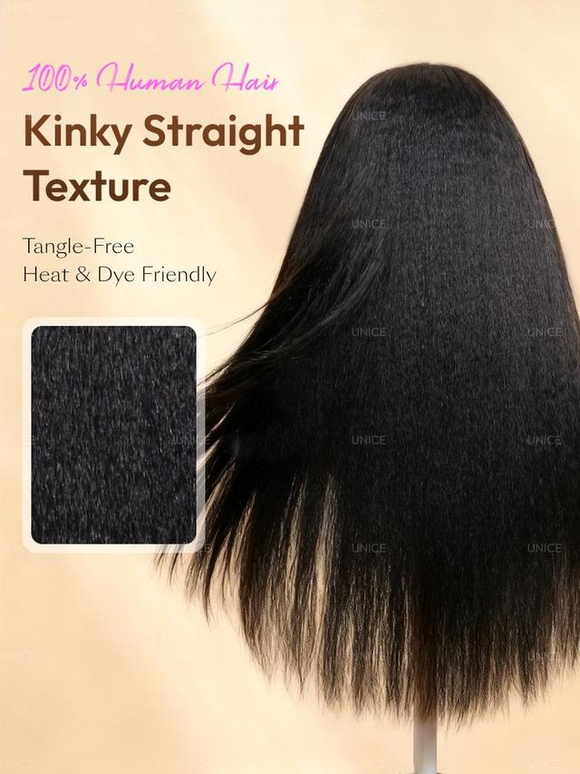 UNice 13x4 HD Real Scalp™ Wig Invisible Lace Frontal Black Kinky Straight Wig With Invisi Drawstring