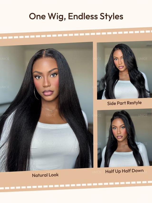 UNice 13x4 HD Real Scalp™ Wig Invisible Lace Frontal Black Kinky Straight Wig With Invisi Drawstring