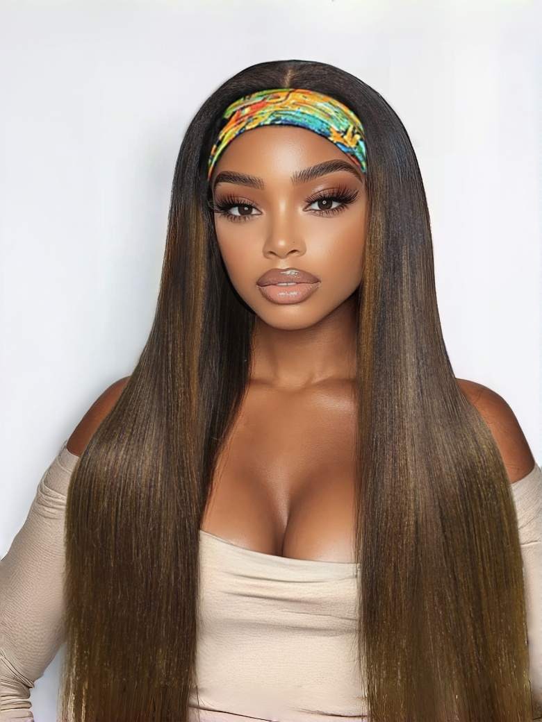 [24"=$85] Chestnut Brown Ombre Low Maintenance Put On And Go Yaki Straight Headband Human Hair Wig