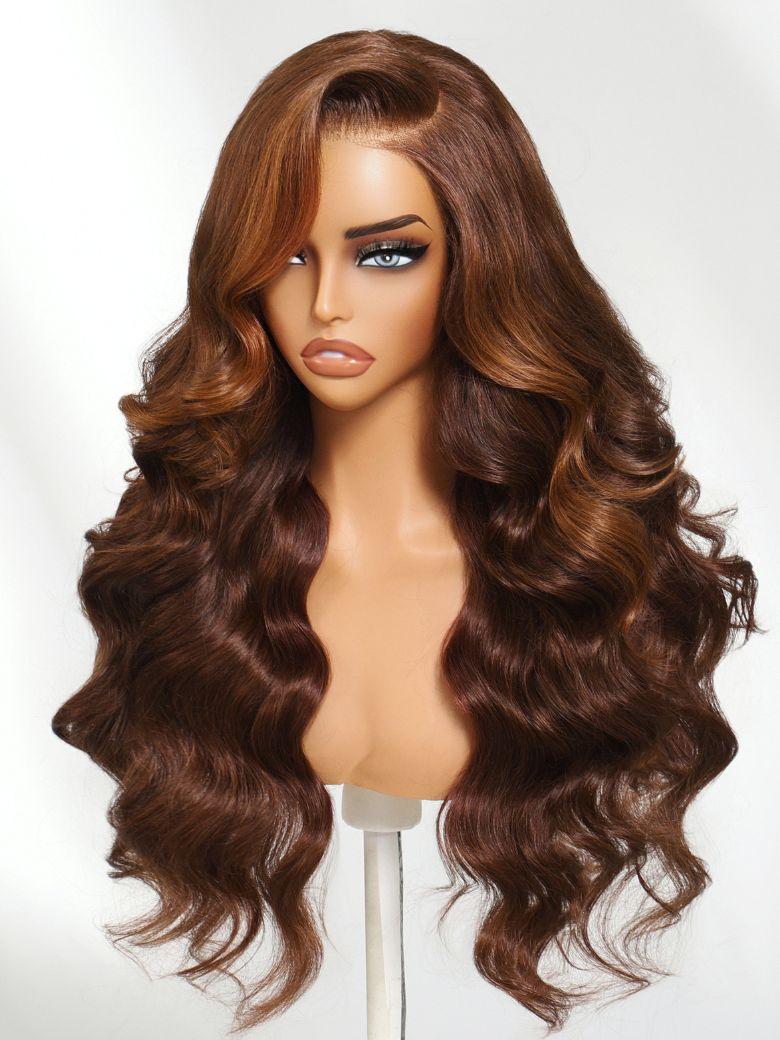 UNice 13x4 Pre-Everything™ Lace Frontal Cinnamon Brown Body Wave Drawstring Wig with Side-Swept Bangs