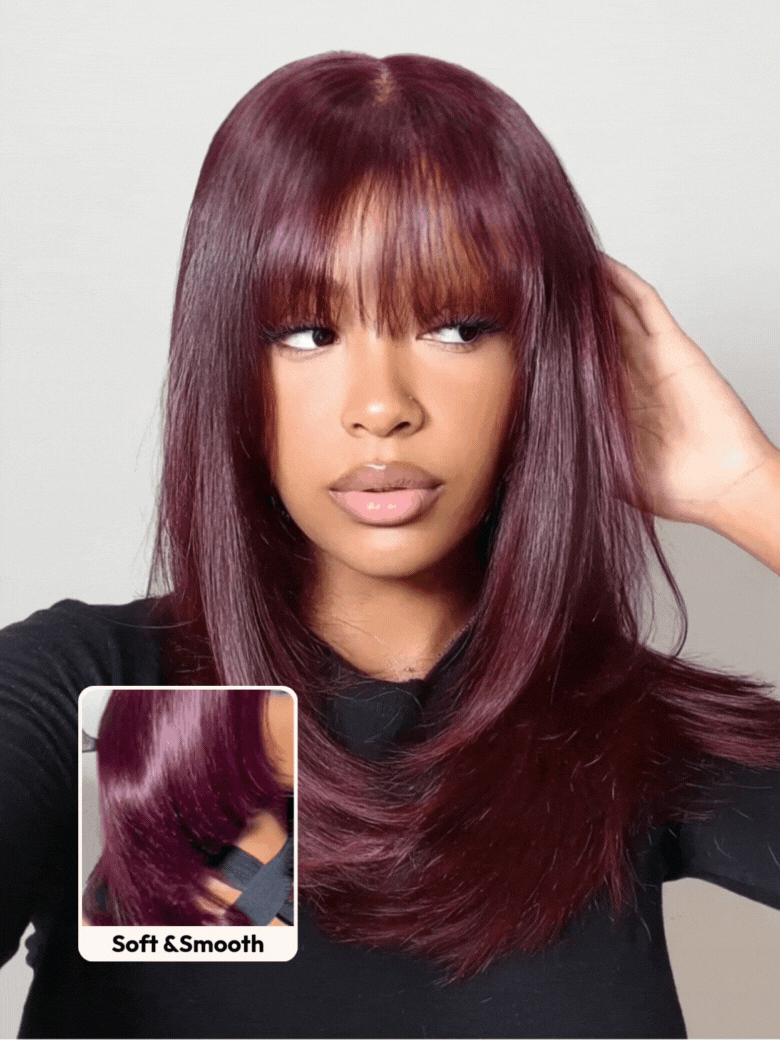 UNice Bye-Bye Knots™ 7x5 Lace Black Cherry Layered Wolf Cut with Wispy Bangs&Body Wave With Curtain Bangs Drawstring Wig