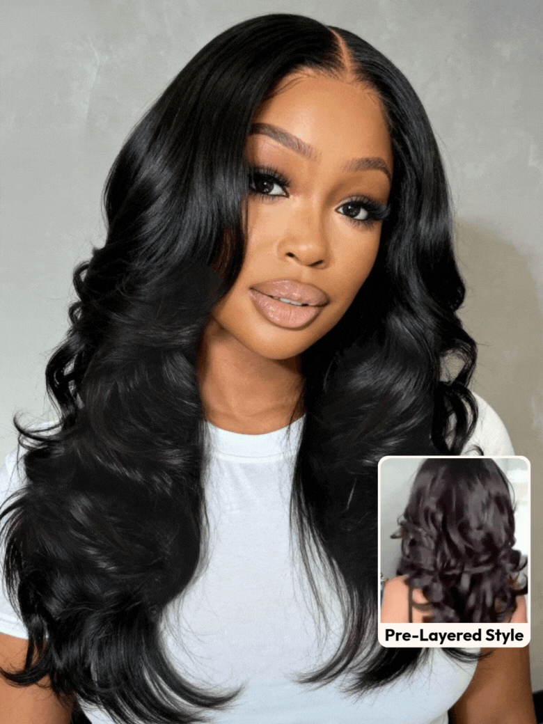 UNice 100% Human Hair Butterfly Cut 180% Density Bye-Bye Knots™ 7x5 Lace Body Curls Wig with Feathered Layers & Invisi Drawstring
