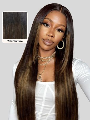 UNice Bye-Bye Knots™ 7x5 Lace Black to Chestnut Brown Ombre Face Framing Layer Cut Yaki Wig with Drawstring Wig