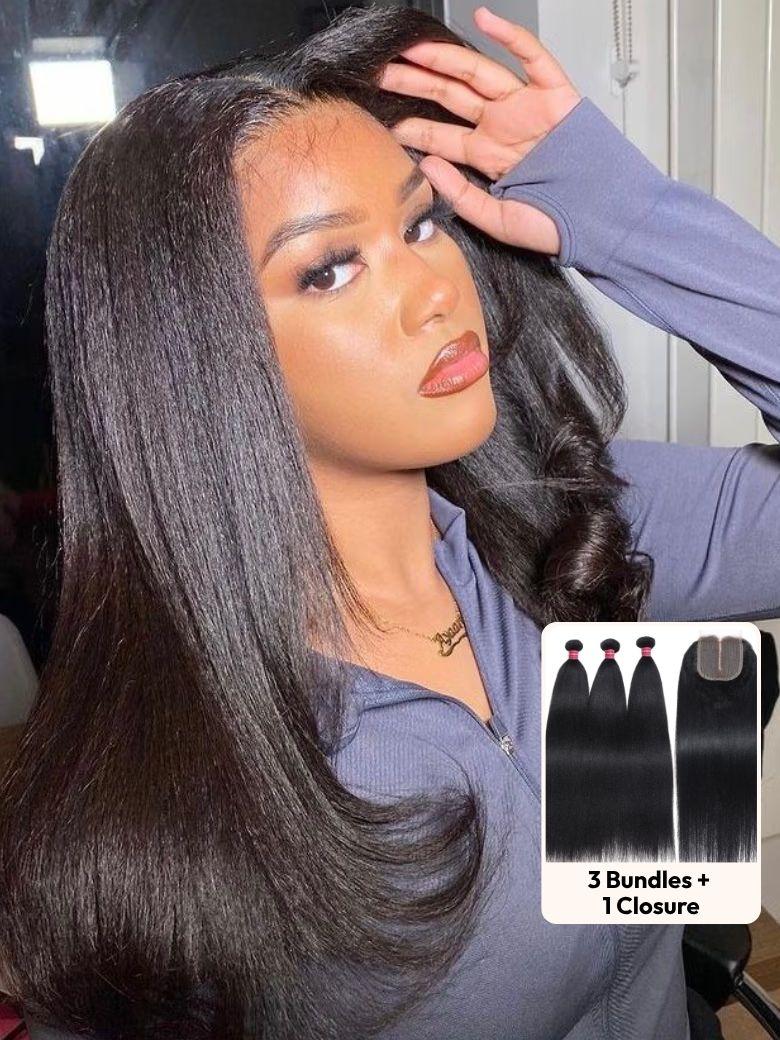 UNice Natural Black 4x4 Lace Closure With 3Pcs Yaki Straight Bundles