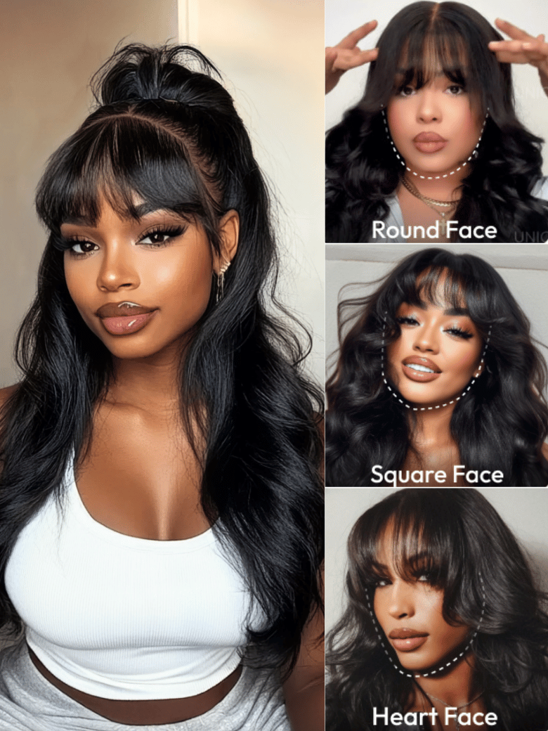 UNice 7x5 Bye-Bye Knots™ & 13x4 Pre-Everything™ Lace Frontal Pull And Go Black Fluffy Natural Loose Wave Curtain Bangs Wig with Free Ear Tape