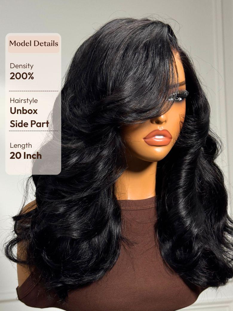 UNice Butterfly Cut 180% Density 100% Human Hair Bye-Bye Knots™ 7x5 Lace Body Curls Wig with Feathered Layers & Invisi Drawstring