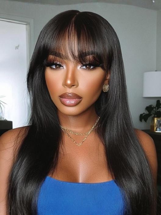 A model displays the UNice 24 Inch Yaki Straight Glueless Wig Black Wig Human Hair, showing a model with long black hair wearing a blue dress and straight texture, yaki.