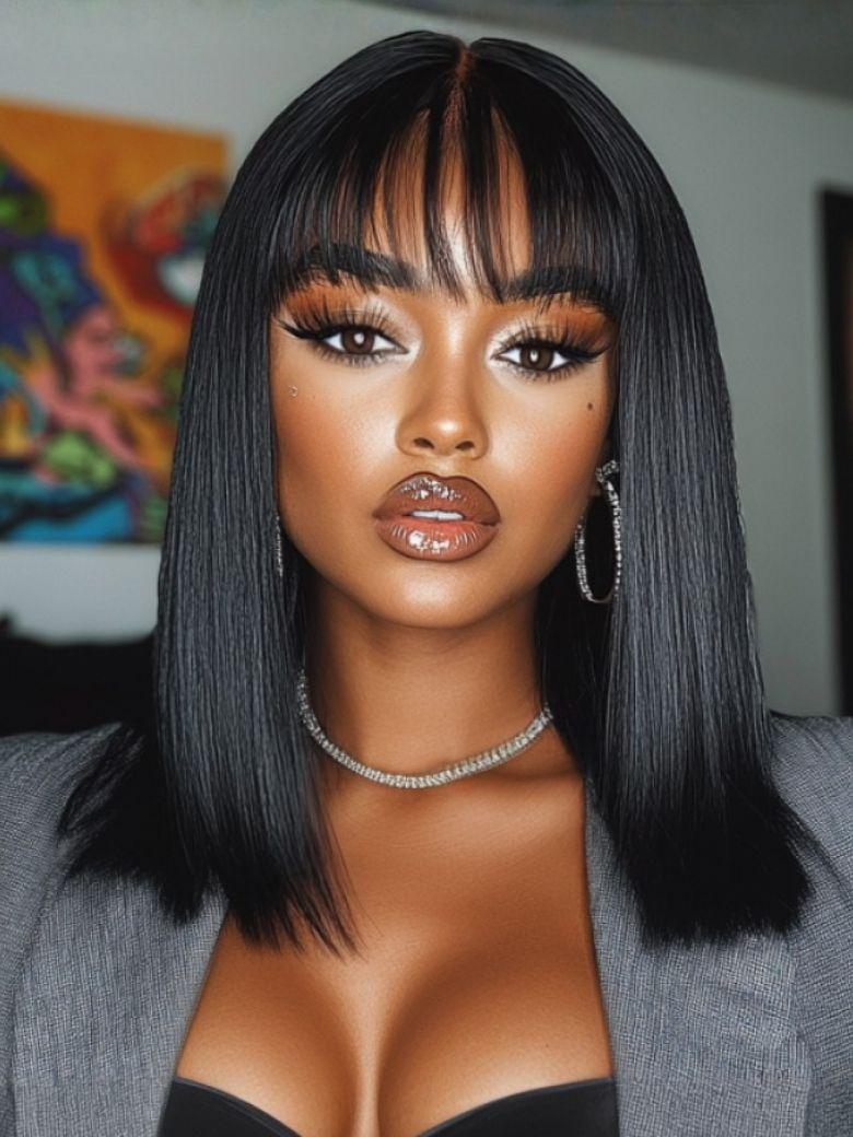 10 Inch Glueless Straight Bob Wig Black Wig Human Hair with Blunt Bangs