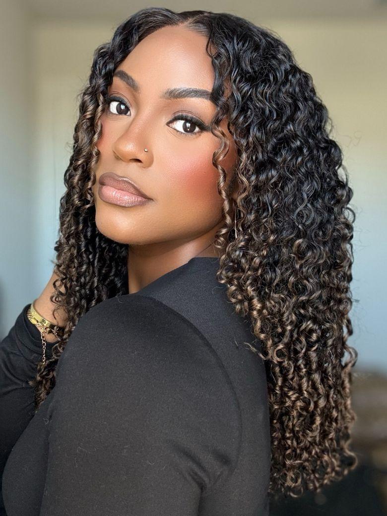 UNice Bye-Bye Knots™ 7x5 Lace Black to Chestnut Brown Ombre Curly Wig With Defined Finger Coil Ends Drawstring Wig