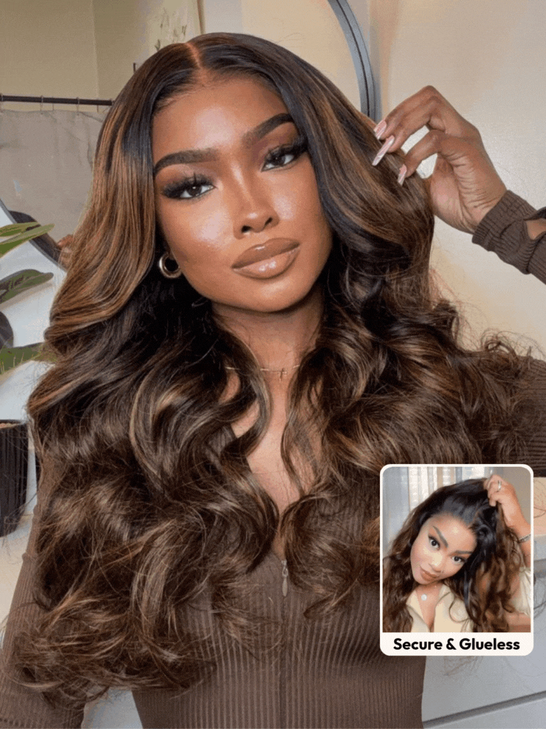 UNice 7x5 Bye Bye Slip™ Wig Glueless Lace Balayage Highlight Body Wave Drawstring Curtain Bangs Wig