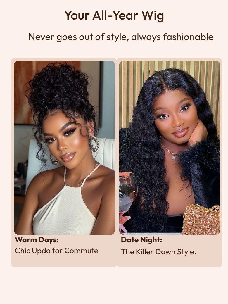 UNice 7x5 Bye-Bye Knots™ & 13x4 HD Lace Pull & Go Glueless Water Wave With Secure Silicone Strips and Drawstring With Baby Hair