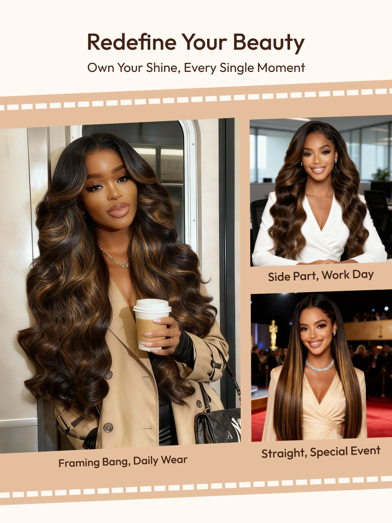 UNice 7x5 Bye Bye Knots™ Wig Glueless Lace Balayage Highlight Body Wave Drawstring & With Bangs Wig