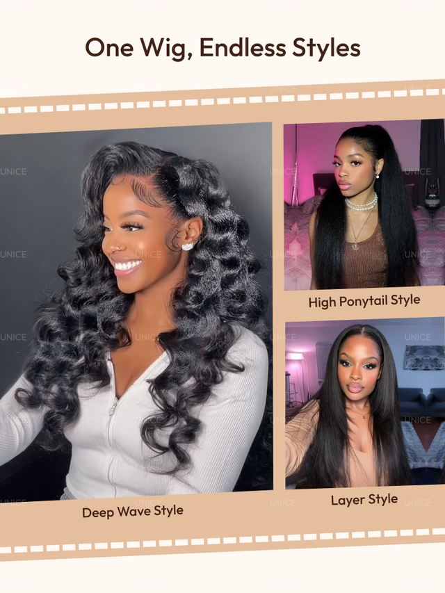 UNice 13x4 HD Real Scalp™ Wig Invisible Lace Frontal Black Kinky Straight Wig With Invisi Drawstring