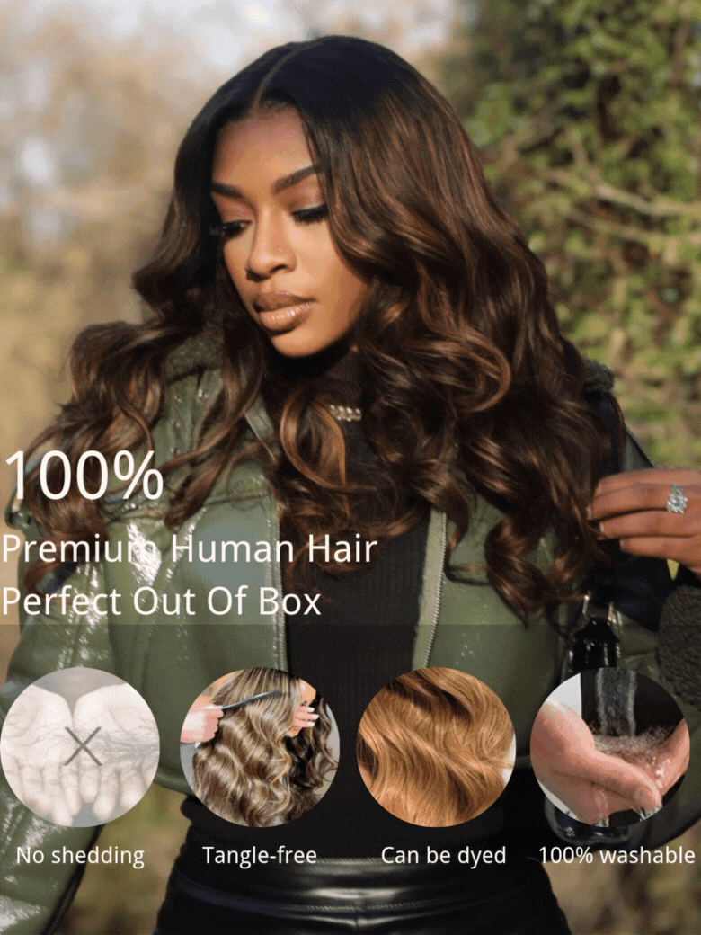 UNice 7x5 Bye Bye Knots™ Wig Glueless Lace Balayage Highlight Body Wave Drawstring Curtain Bangs Wig