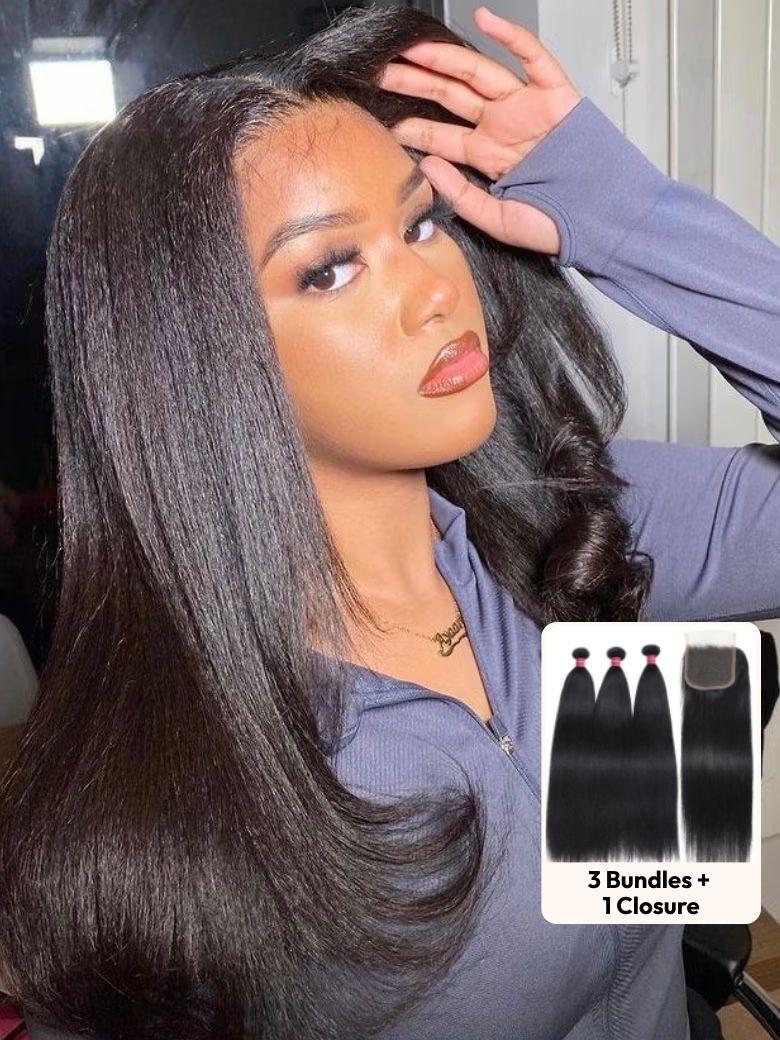 UNice Natural Black 4x4 Lace Closure With 3Pcs Yaki Straight Bundles