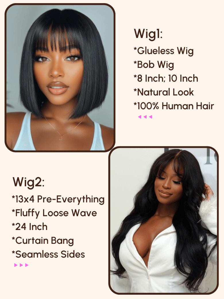 $99=2 Wigs | 16" Lace Part Kinky Curly Wig and 10" Bob Wig with Bang
