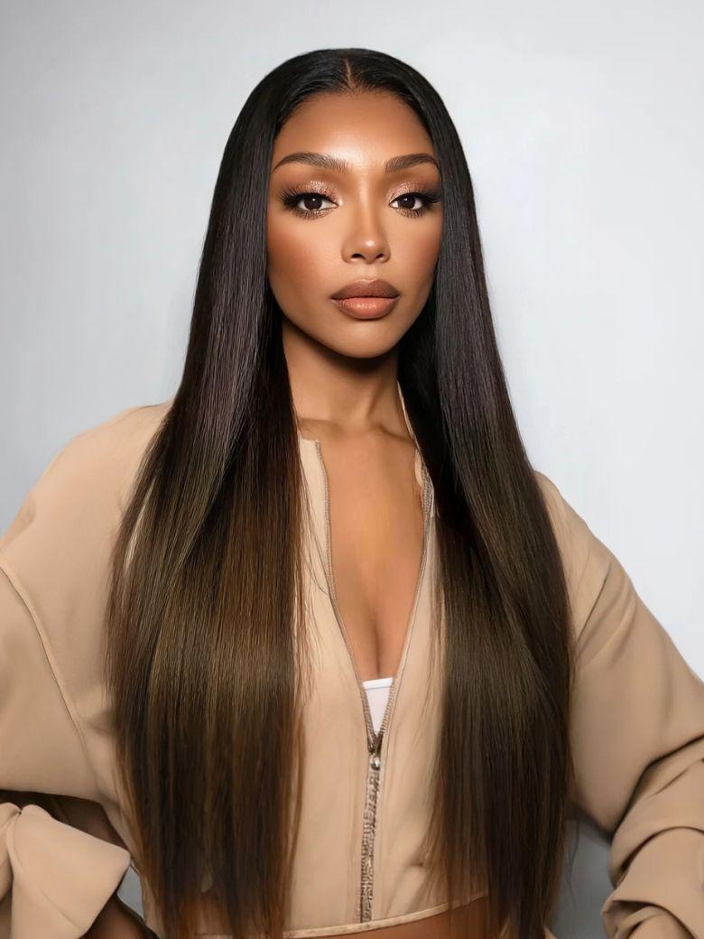 [22Inch=$145] UNice InvisiBlend™ V Part Glueless Yaki Straight Chestnut Brown Ombre Human Hair Wig With Invisi Drawstring