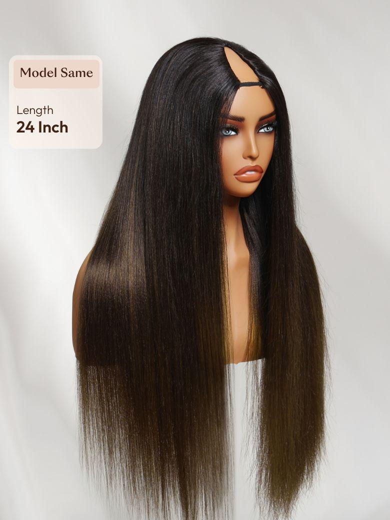 [18"=$99] UNice EasiContour™ V Part Glueless Yaki Straight Wig With Invisi Drawstring 100% Human Hair 180% Density