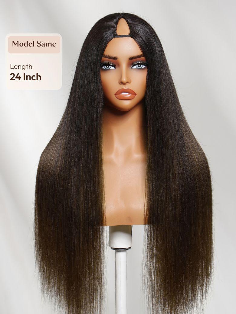 [18"=$99] UNice EasiContour™ V Part Glueless Yaki Straight Natural Black Wig With Invisi Drawstring 100% Human Hair 180% Density