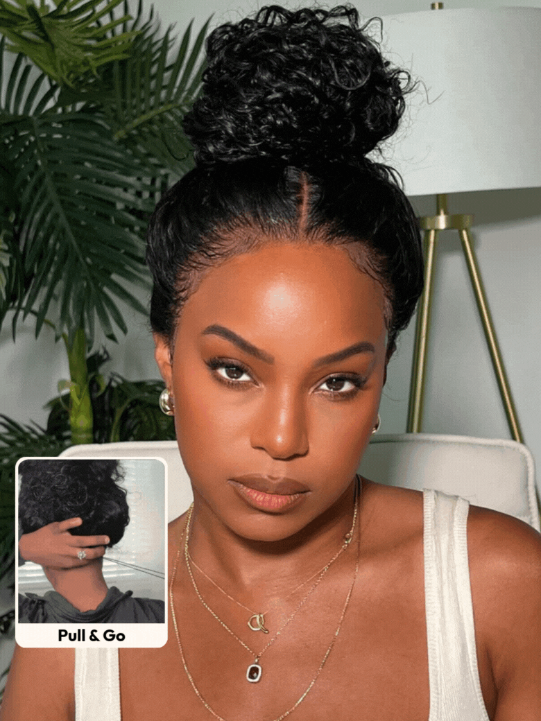 UNice 13x4 Pre-Everything™ Lace Frontal Natural Black Bouncy Water Wave Curly Drawstring Exclusive Design Wig Perfect For Summer Look