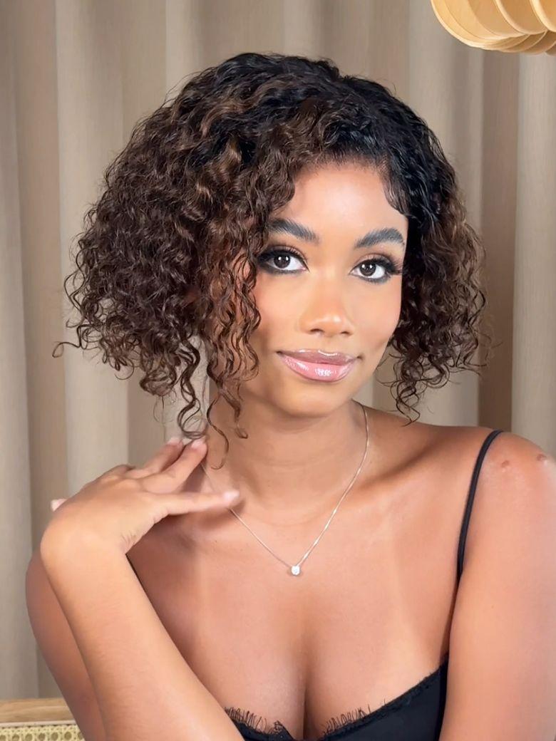 UNice Bye-Bye Knots Lace Frontal Side Part Wig Chestnut Brown Ombre Short Curly Bob Wig