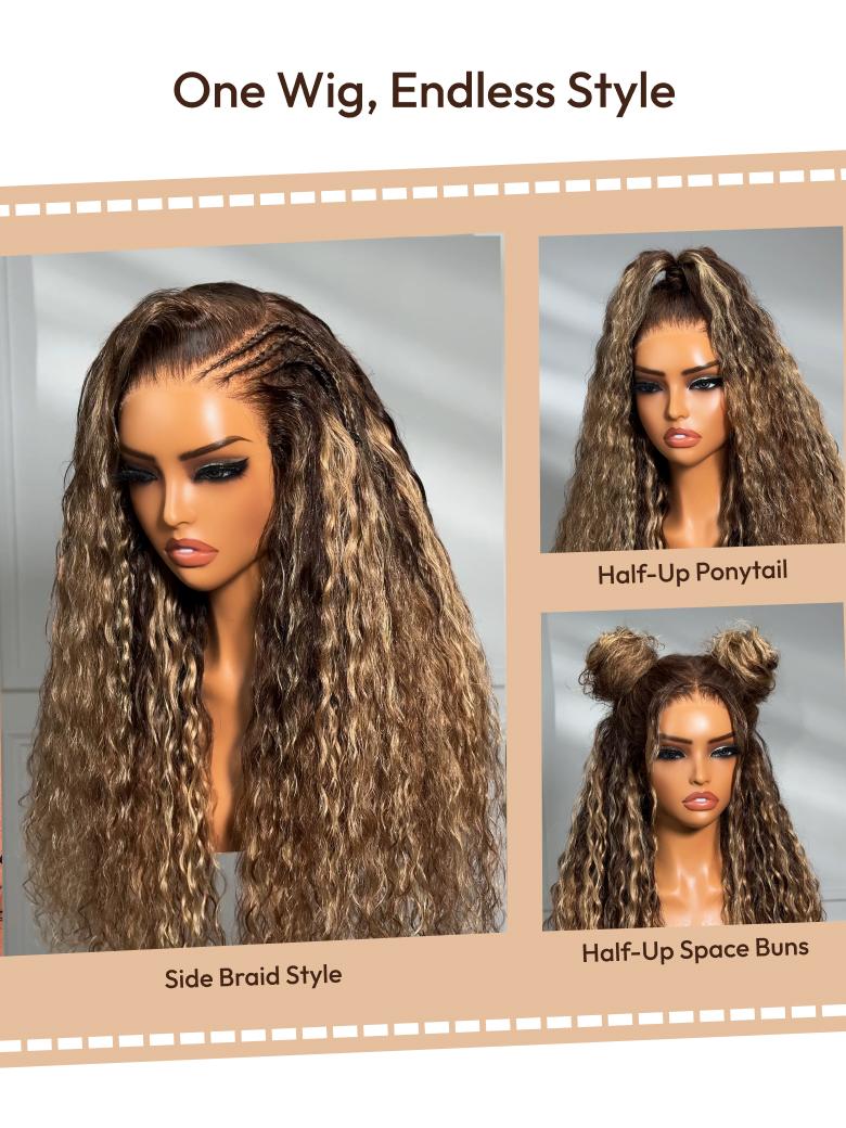 UNice 13x4 Pre-Everything™ Lace Frontal Caramel Brown With Honey Blonde Highlights Water Wave Glueless Drawstring Wig