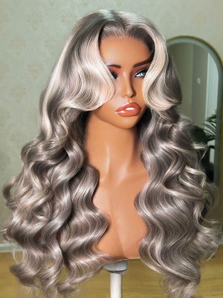 UNice 100% Human Hair Silver Platinum Blonde Highlight Wig 13x4 Pre-Everything™ Loose Wave With Face-Framing Layer Bangs