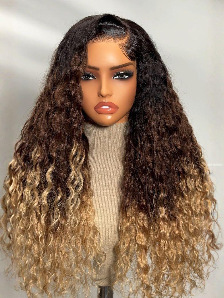 UNice Bye-Bye Knots™ 7x5 Lace Black to Brown to Blonde Ombre Water Wave Wig with Invisi Drawstring