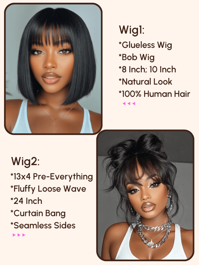 $99=2 Wigs | 16" Lace Part Kinky Curly Wig and 10" Bob Wig with Bang