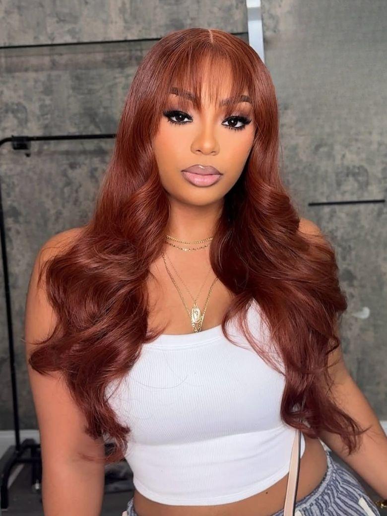 7x5 Bye Bye Knots Reddish Brown Kinky Curly & Straight & 13x4 Pre Everything Loose Wave With Wispy Bang Bleached Knots Wig