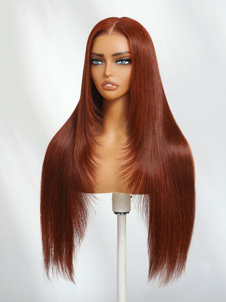 7x5 Bye Bye Knots Reddish Brown Kinky Curly & Straight & 13x4 Pre Everything Loose Wave With Wispy Bang Bleached Knots Wig