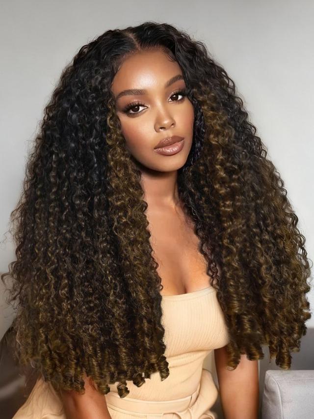 UNice 100% Human Hair Glueless Curly Wig With Defined Finger Coil Ends Black to Chestnut Brown Ombre Bye-Bye Knots™ 7x5 Lace Drawstring Wig