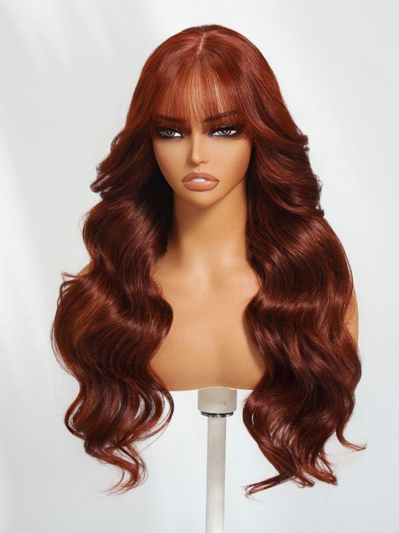 7x5 Bye Bye Knots Reddish Brown Kinky Curly & Straight & 13x4 Pre Everything Loose Wave With Wispy Bang Bleached Knots Wig